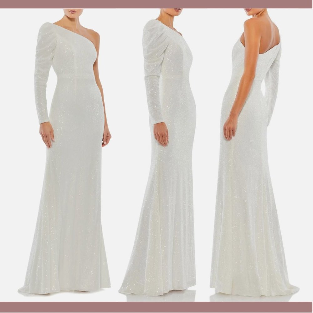 NWT $398 IEENA Mac Duggal [‎ 6 ] Sequin One-Shoulder Trumpet Gown in White